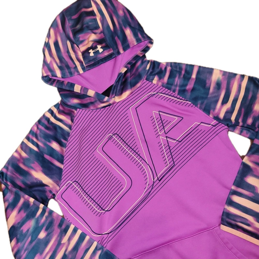 Under Armour Pullover Hoodie Sweatshirt Purple Multi Coldgear Girls Youth Large - Picture 1 of 6